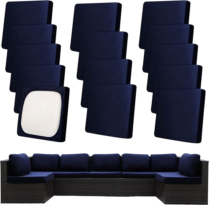 14Pcs Patio Cushion Covers,Outdoor Cushions Covers,Stretch Cushion Covers Replacement, Washable and Reusable Furniture Protectors(Navy Blue)