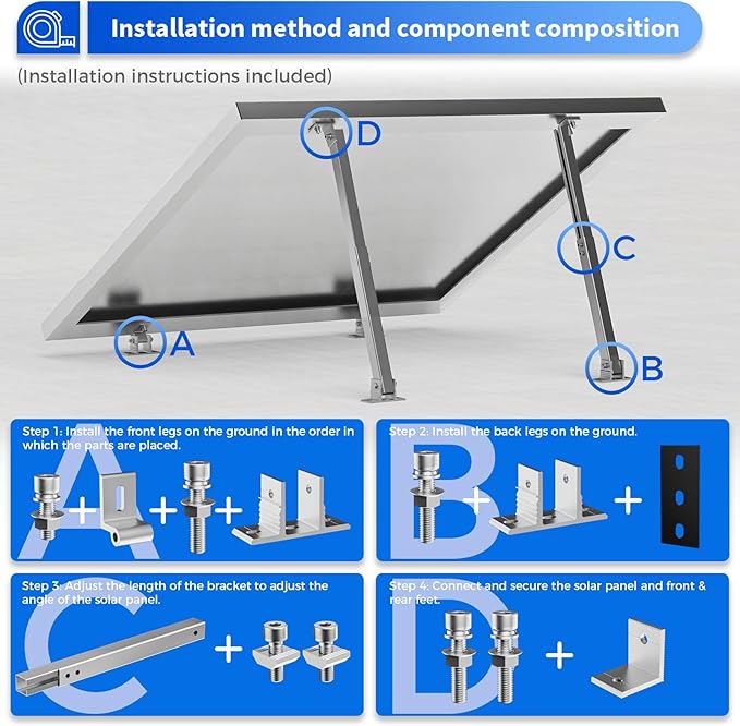 2 Set Adjustable Solar Panel Tilt Mount Brackets Aluminum Alloy Mounting Bracket Stand Systems Support 50W 70W 100W 150W 200W 300W 400W Panels for Roof/Boat/Flat Surface