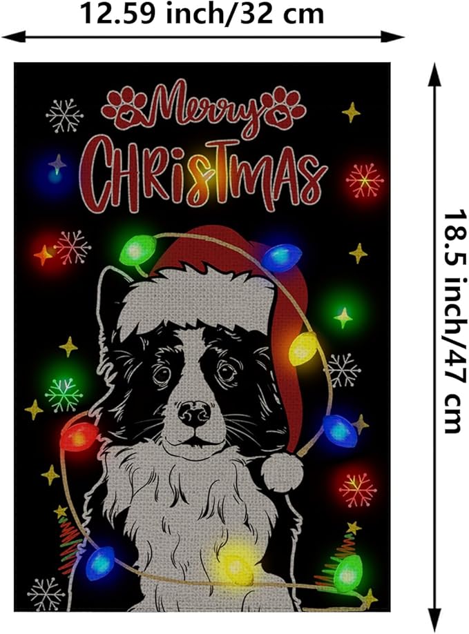 Christmas Dog Garden Flag - Led Border Collie Christmas Decor for Outside, Welcome Garden Flags Double-Sided Flag for Seasonal Winter Farmhouse Yard Lawn Decoration Gifts 12x18 inches