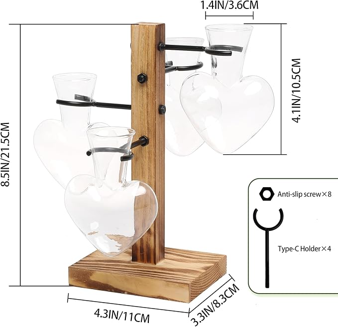 Plant Terrarium Propagation Stations with Wooden Stand | Glass Vase for Indoor Hydroponics Home Garden Office Decoration Gift for Women - 4 Love Bulb Vase