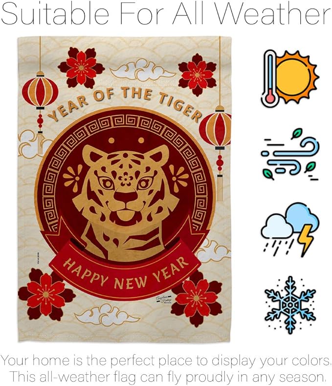 Happy Tiger Year Garden Flag Set Wall Hanger New Lunar Good Luck Prosperous Seasonal Arrival Blessing House Decoration Banner Small Yard Gift Double-Sided, Made in USA