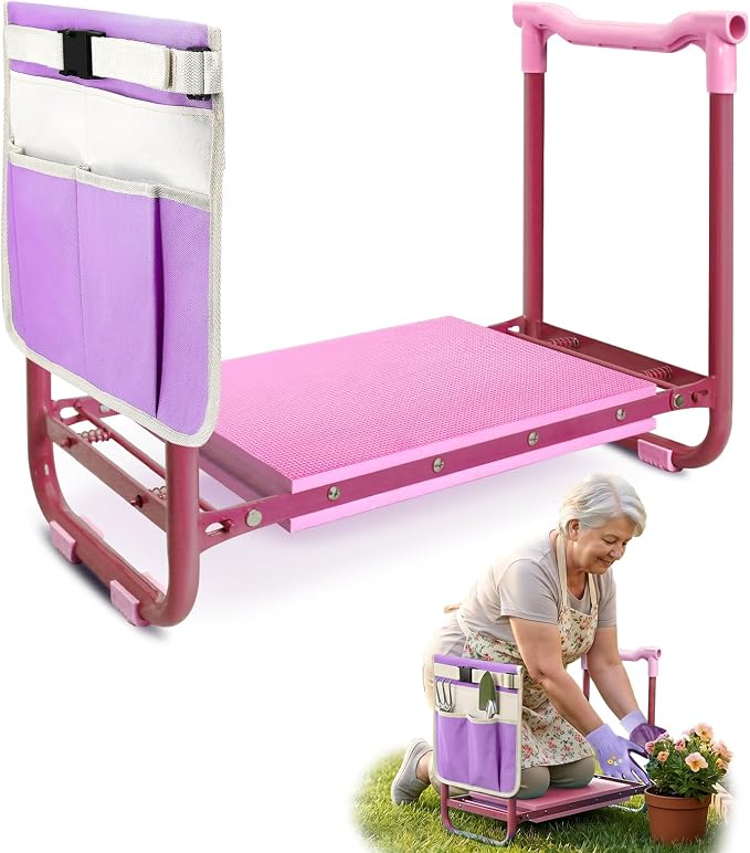 Garden Kneeler and Seat Heavy Duty, Foldable Gardening Stool Bench with Widened Thick Soft Kneeling Pad and Tool Pouches - 2-in-1 Portable Kneeling Device for Seniors (Purple)