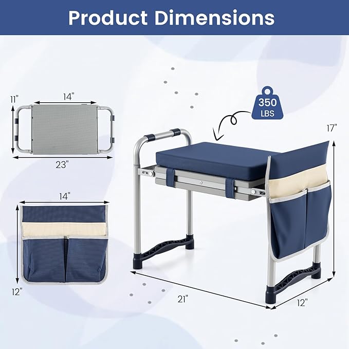 2-in-1 Garden Kneeler and Seat, Folding Garden Seat w/EVA Foam Kneeling Pad & Removable Tools Pouch, Sturdy Steel Frame, No Assembly, Portable Heavy Duty Garden Stool w/Detachable Armrests