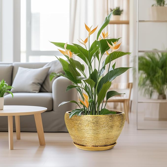 Ceramicfor Ceramic Planter 13 Inch - Indoor Plant Pot with Drainage Hole and Saucer Large Ceramic Pot for Plants Mid-Century Decorative Modern Outdoor Flower Pot for Home Decor Gold
