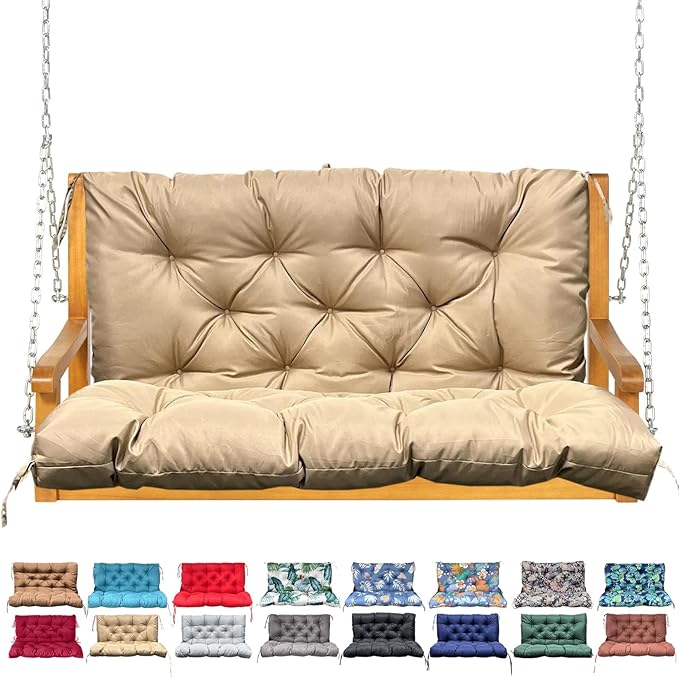 Porch Swing Cushion with Backrest,Waterproof Bench Cushion for Outdoor Furniture,2-3 Seater Replacement Thickened Swing Cushion with Ties,Patio,Outdoor,Backyard and Garden (Khaki,47x40)