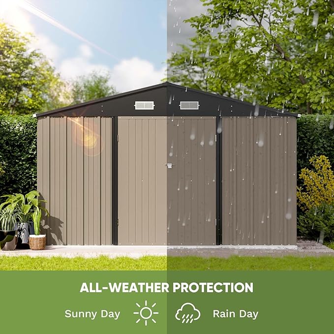 Patiowell 10 x 8 FT Outdoor Storage Shed with Floor Frame, Garden Metal Shed with Sloping Roof and Lockable Door, Large Tool Outside Sheds for Backyard Garden Patio Lawn, Brown