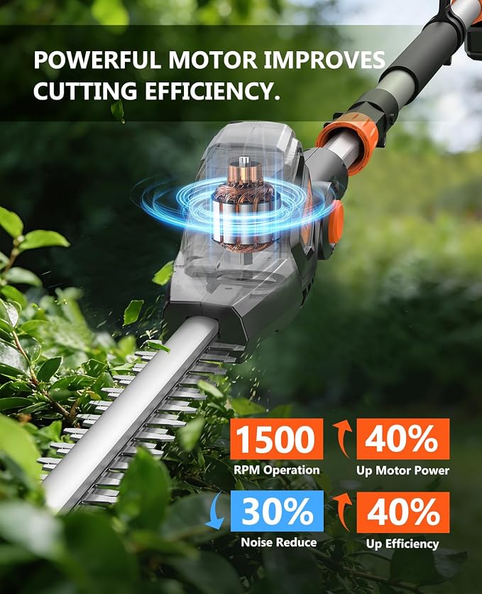 Pole Hedge Trimmer Cordless with 2 x 2000mah Batteries, 12 Ft Reach Tall HedgeTrimmer for Yard and Garden, Hedge Trimmer with Extension Pole of 7 Ft for Tall Hedge and Branches Pruning