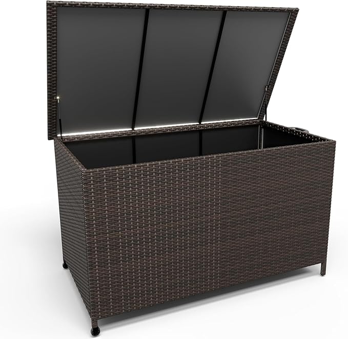 185 Gallon Outdoor Deck Box,Large Storage Bins with Lid, 2 Wheels and Handles, Patio Outdoor Bench with Storage, PE Rattan Wicker Box for Store Garden Tools, Patio Furniture Cushions, Pool Supplies