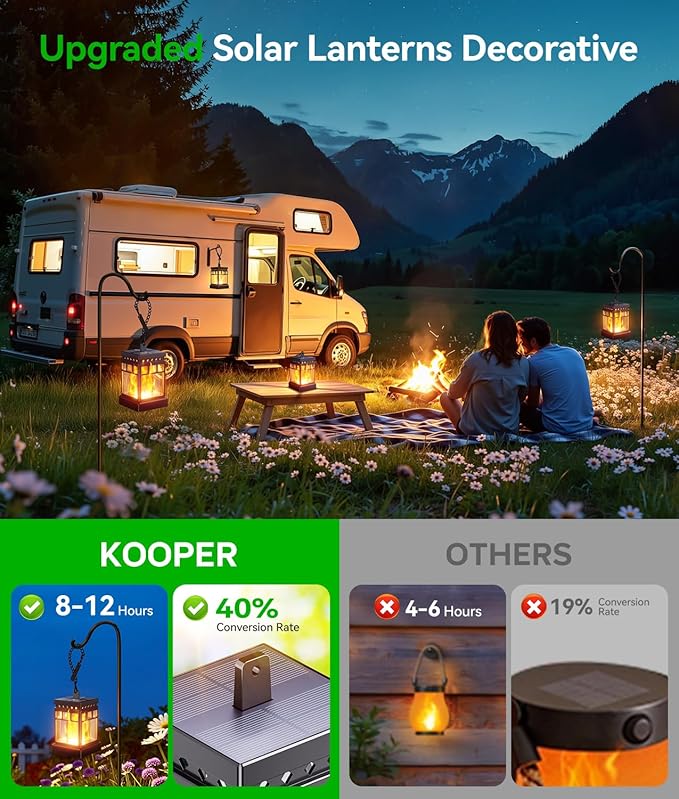 KOOPER Hanging Solar Lanterns Outdoor Waterproof, 2PCS Flickering Flame Hanging Solar Lights for Outside, Outdoor Solar Lanterns up to 12 Hours, Lanterns Decorative for Patio Porch Yard Garden Decor