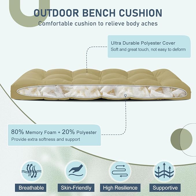 downluxe Outdoor Bench Cushion for Patio Furniture, Waterproof Tufted Overstuffed Porch Swing Cushions, Thick Outdoor Loveseat Cushions, 48" X 18" X 5", Khaki, Set of 1