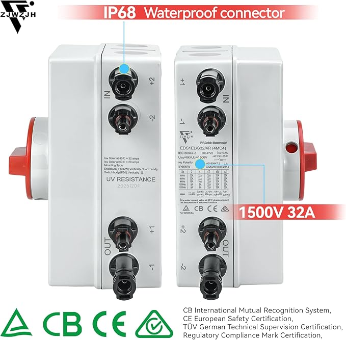 Solar Disconnect Switch 4-Pole DC1500 32A Isolator Solar Switch with Enclosure for Rooftop Solar Systems, RVs and Boat Waterproof IP66 Red