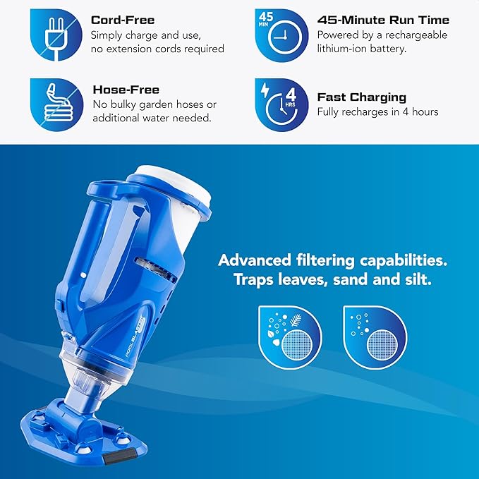 POOL BLASTER Catfish (Gen 2) Cordless Spa & Hot Tub Vacuum, More Power & Capacity, 45 Min Runtime, Spot Cleaning in Small Above Ground Swimming Pools, Rechargeable Spa Vac