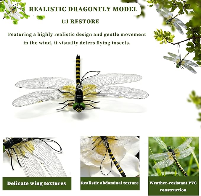 Dragon Fly Clips,4PCS Lifelike Fake Dragonflies Outdoor Hanging Ornament & Garden Decor,Clip to Hat Backpack Tent Outdoor Gear for Hiking Gardening Camping,Durable PVC Hanging Use
