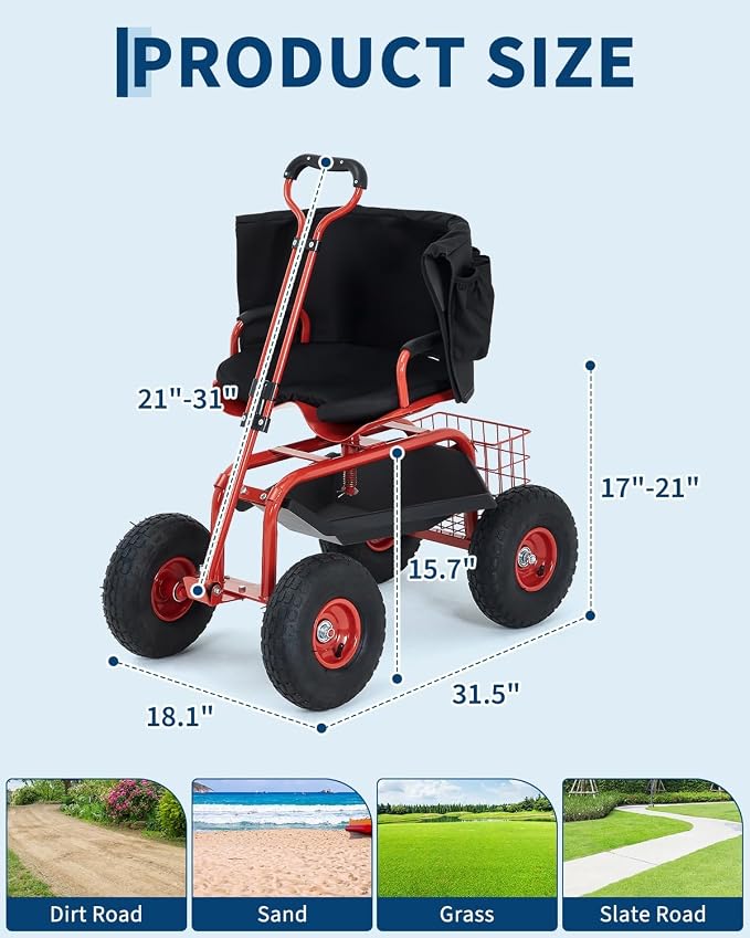 Rolling Garden Work Seat with Wheels, 360° Swivel Seat Gardening Cart with Extendable Steering Handle, Tool Tray and Storage Basket, 300 lbs Capacity, Gardening Stools for Patio, Yard, and Outdoors