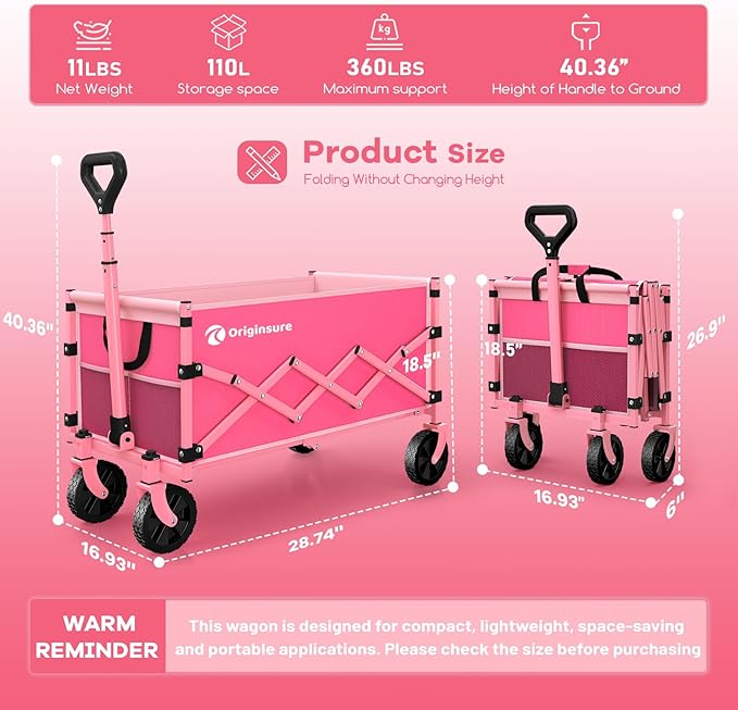 Originsure Collapsible Wagon Cart Foldable - Lightweight Portable Heavy Duty Folding Beach Wagons with Wheels - Outdoor Utility Carts for Grocery, Camping, Shopping with Large Capacity - Pink