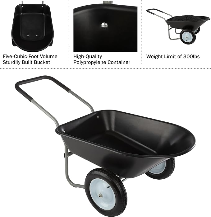 Wheelbarrow - 2-Wheel Garden Cart with 300lb Weight Capacity and Padded Handle - Wheelbarrows for Landscaping and Lawn Care by Pure Garden (Black)