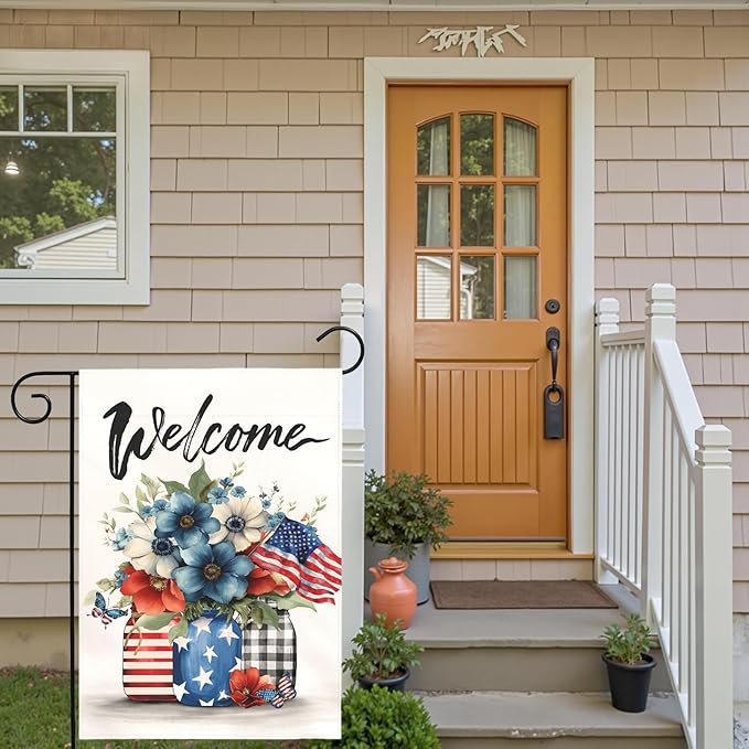 Patriotic Fourth of July Garden Flag Welcome Red White and Blue Mason Jar Flowers Yard Flags American Flag Floral Farmhouse Outdoor for Independence Day Memorial Day Veterans Day 12x18 Inch