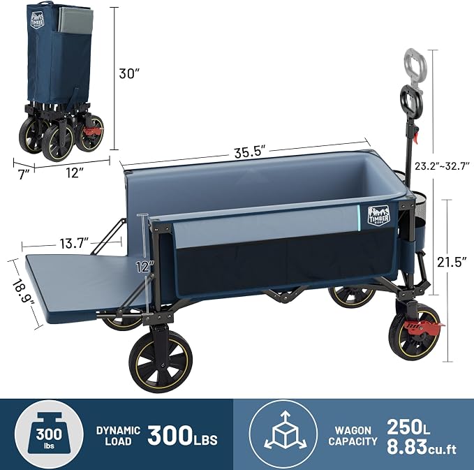Timber Ridge 49" Extra Long Collapsible Folding Wagon with Tailgate and Brakes, 300lbs Heavy Duty Foldable Wagon with Adjustable Handle, 250L Capacity Portable Cart for Outdoor Camping Sports, Blue