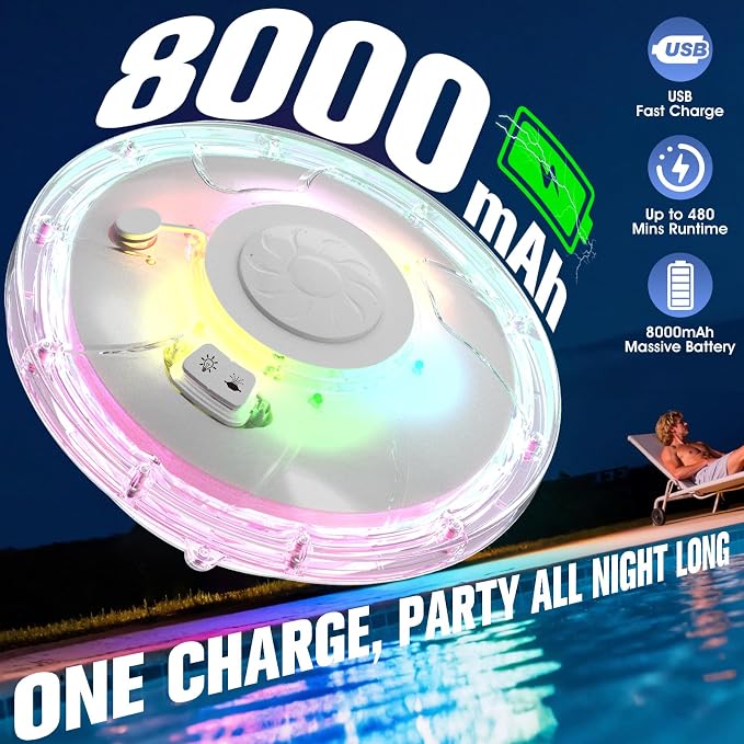 2026 Upgraded Pool Fountain,Rechargeable Pool Water Fountain with Light,Floating LED Pool Fountain,4FT Spray Swimming Pools Fountains Pump for Above Ground & Inground Pools Fountains-White