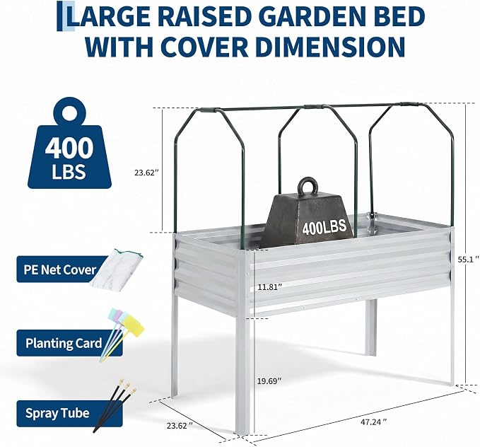 48×24×56in Galvanized Elevated Raised Garden Bed with Legs, Greenhouse Cover & Bird Net, Deep Metal Raised Planter Box for Backyard Patio Balcony Vegetables Herbs Flowers