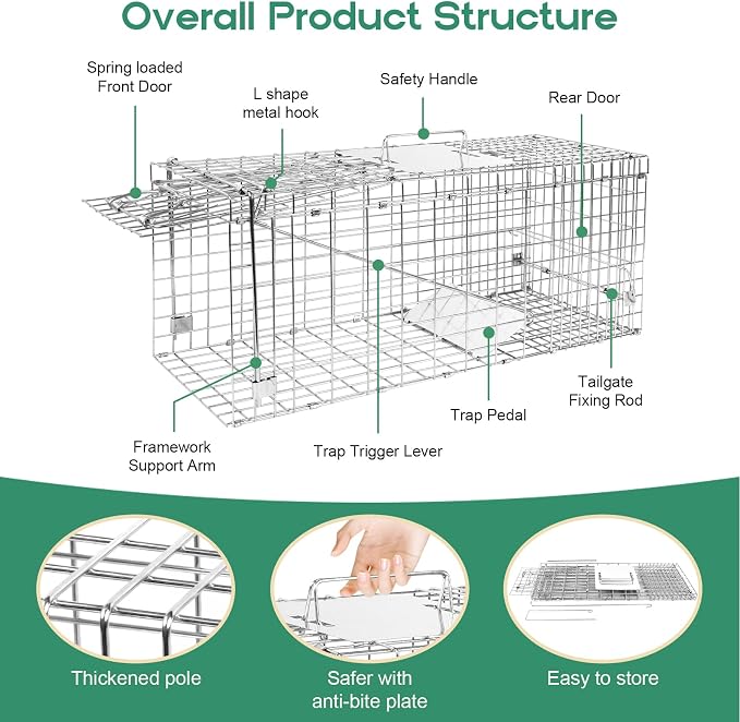 Humane Live Animal Trap Cage 26" × 9" × 10",Heavy-Duty Live Catch Cage for Raccoon, Squirrel, Stray Cats, Groundhogs, Armadillos, Opossums, Rabbits, Skunk, Mole, Small Wildlife Control