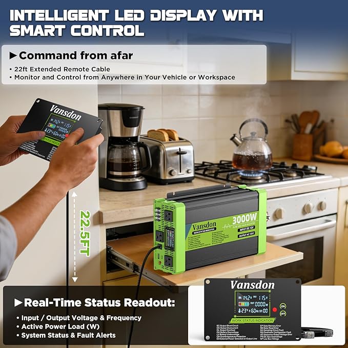 Vansdon 3000W Pure Sine Wave Inverter 12V DC to 120V AC Power Inverters for RV,Truck, Solar, Home, Off-Grid, Car with LCD Display, 3 AC Outlet, 30W USB-C, 5V 2.1A USB,Remote Control, Surge 6000W