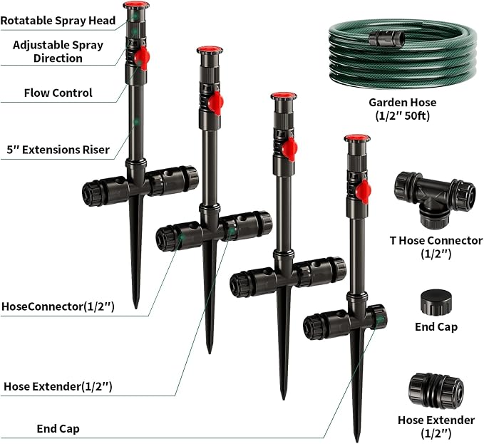 Flexible Sprinkler System, Above Ground DIY Irrigation Kit | Multi-Adjustable Lawn Sprinkler Set, Ideal for Plant and Flower Bed Watering, 50ft Garden Hose Included