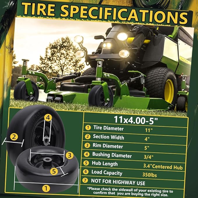 11x4.00-5 Flat Free Tire and Wheel (2 Pack),Universal 11x4-5 Solid Smooth Tractor Turf Tire with Rim, 3.4" Centered Hub and 3/4" & 5/8" Bushing, For Zero Turn Mowers and Riding Lawn Mower