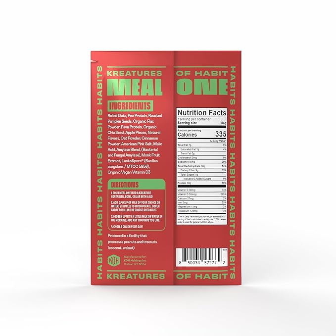 Kreatures of Habit MEAL ONE | Overnight & Instant Superfood Protein Meal Replacement | Gluten Free, Dairy Free, 30g of Plant Based Protein, With No Added Sugar | Apple Cinnamon | Pack of 7