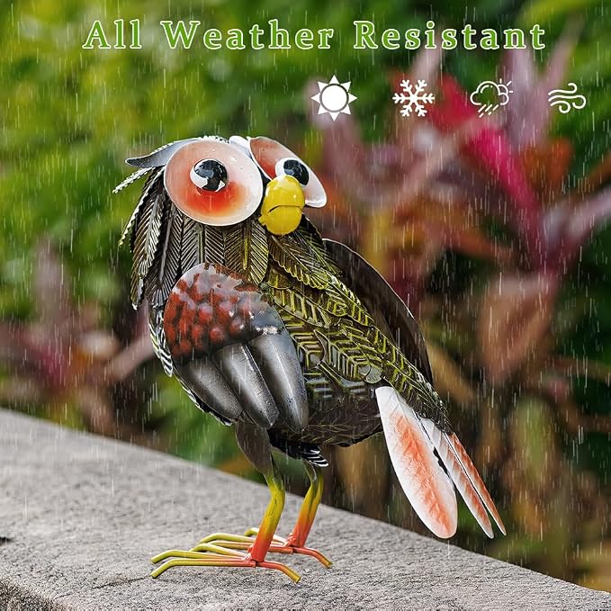 Metal Owl Garden Statue, 9'' Funny Owl Figurine Outdoor Yard Art Decor, Waterproof Owls Decor for Garden, Lawn, Backyard (Grey)