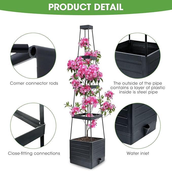 MYMULIKE Raised Garden Bed 4 Packs, Planter Boxes with Trellis 58.3'' Tomato Planters for Climbing Vine Vegetables Flowers Plants Self Watering Tomatoes Cage for Outdoor Patio Greenhouse