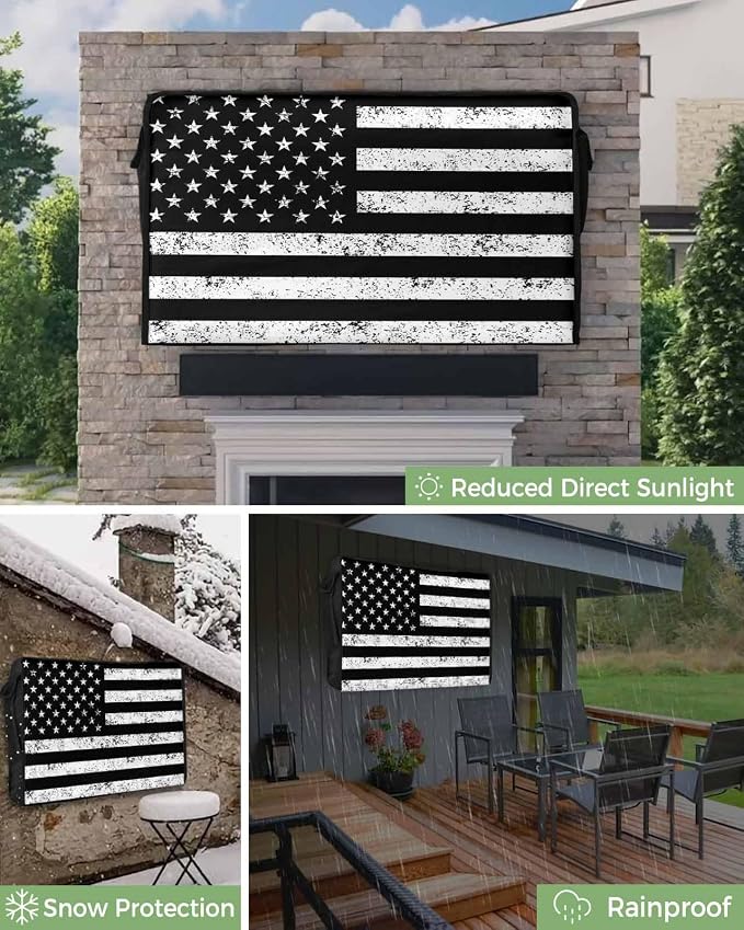 DecorLovee Black Vintage American Flag Outdoor TV Cover 40 to 43 Inches Weatherproof & Waterproof, USA Flag Outdoor TV Enclosure with Remote Control Pocket, Retro TV Screen Protectors for Outside TV