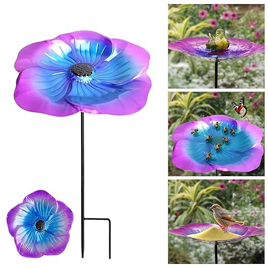 Bee Watering Station 1 Pack - Bird Bath Butterfly Cups with Flower Design, Weather-Resistant Metal Stakes Outdoor Garden Yard Decor(Purple)