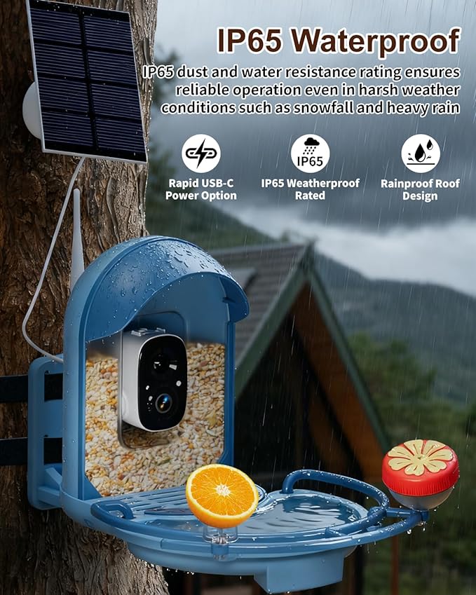 Bird Feeder with Camera, 2K HD Camera Birds Feeder with Bath Wireless Outdoor, Solar Powered Bird Watching with APP Control, Night Vision, Motion Detection Alerts, IP66 Birdfeeder for Backyard, Blue