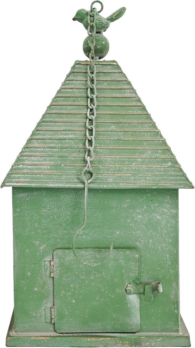 Distressed White Hanging Birdhouse with Home Emblem, Rustic Farmhouse Decorative Bird Nest Box for Outdoor Garden, Patio, Yard, Weathered Bird Shelter for Small Birds (Green)