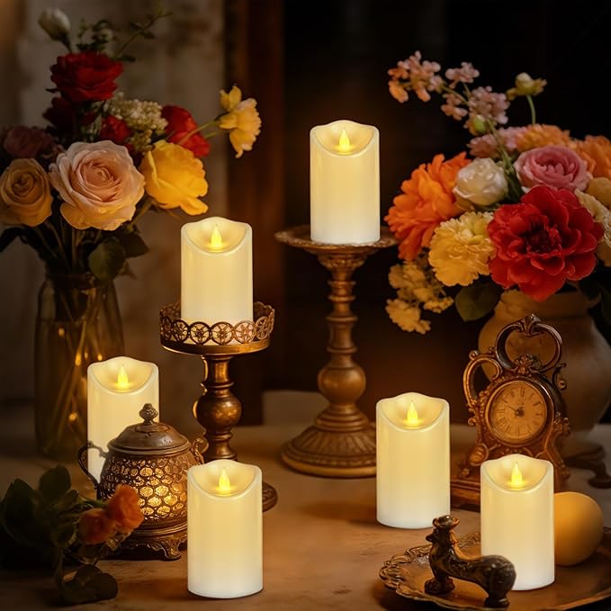 Pure White Flameless Candles, Patented 3D Dual-LED, Set of 2 Slanted Plastic Pillars with Remote, Waterproof Non-Melting Battery Operated Modern Decor for Spa Bath, White (D3 x H6)