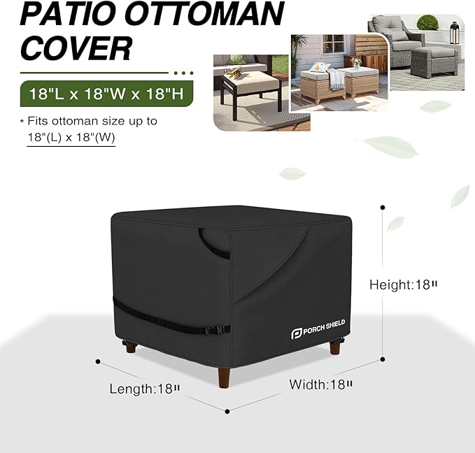 Porch Shield Patio Ottoman Cover - Waterproof Outdoor Square Side Table Covers – 18L x 18W x 18H inch, Black