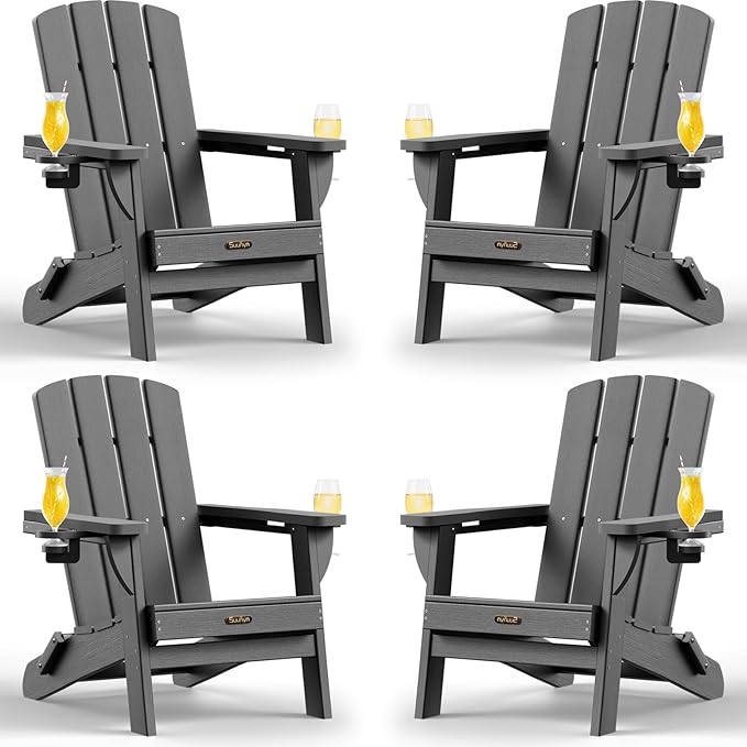 Folding Adirondack Chair 4 Pack, HDPE All-Weather Fire Pit Chairs, Plastic Adirondack Chairs with 2 Cup Holder, Outdoor Lawn Chair for Patio Garden (Grey)