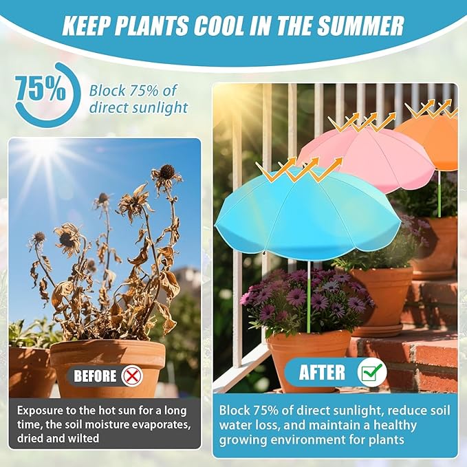 Axcoix 8 Pack Upgraded Plant Umbrellas for Outdoor Plants, 26" Larger Garden Plant Umbrella Shade with Adjustable Angle, 43.4" Higher Sun Shade for Plants, Potted Plant, Garden Beds