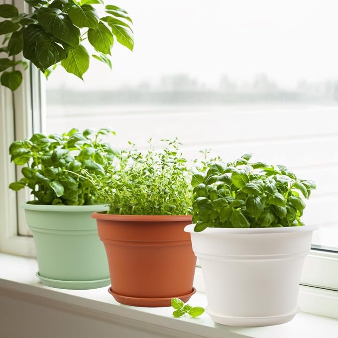 Pottiffe 16 inch Plastic-Flower-Pot-for-Indoor-Plants, 4 Pack Large Outdoor Planter Pot with Drainage Holes & Saucers, Resin Decorative Garden Pots Planters