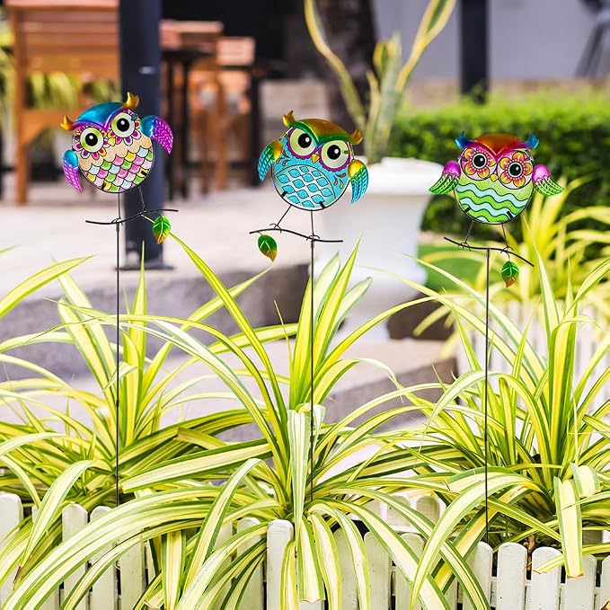 Decorative Garden Stakes,Set of 3 Owl Stained Glass Metal Yard Art Outdoor,Waterproof Spring Garden Stakes Decorative for Lawn Patio Pathway