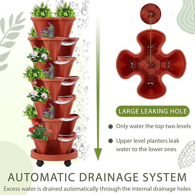 Umigy 1 Set Brick Red 7 Tier Vertical Planter Stackable Tower Planters Strawberry Herb Flower and Vegetable Pots Indoor Outdoor Gardening Pots with Removable Wheels and Tools