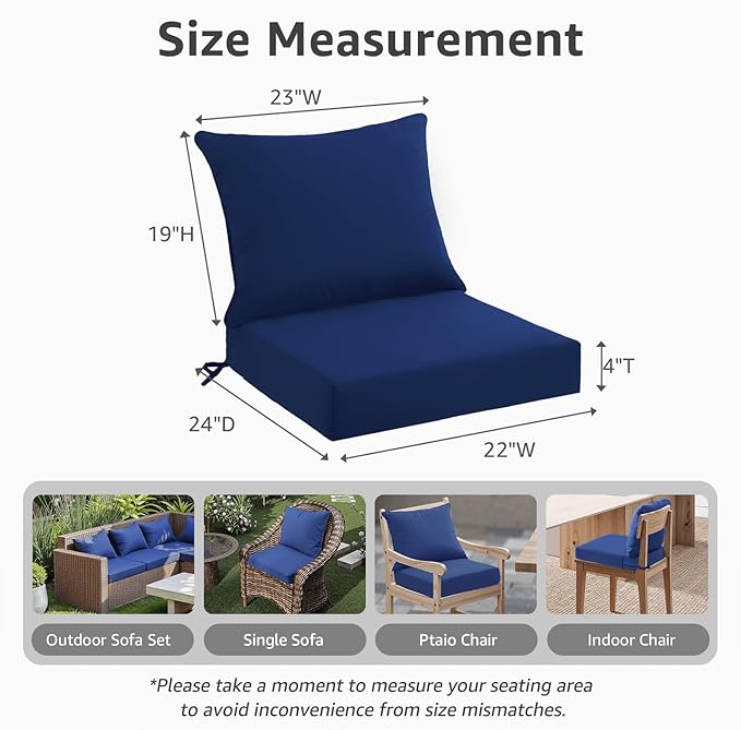 PatioGlow Outdoor Seat Cushion Set 22 x 24 x 4 Inch, Waterproof & Fade Resistant Patio Furniture Cushions with Removable Cover and Ties, Thick Deep Seating Pads for Outside Chair Sofa Couch, Blue
