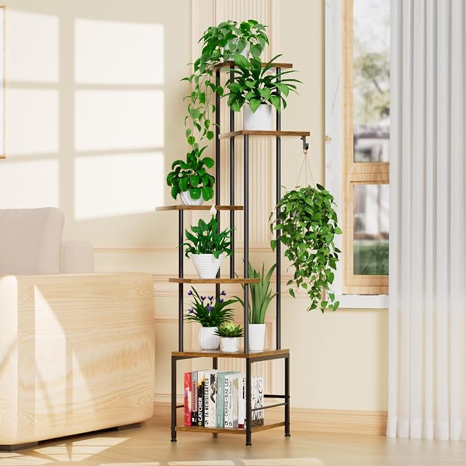 Homsorout Plant Stand Indoor with Grow Light - 6-Tier Metal Plant Shelf with Hanging Basket Hook, Corner Tall Flower Holder for Multiple Plants, Living Room Balcony Garden Patio, Rustic Brown