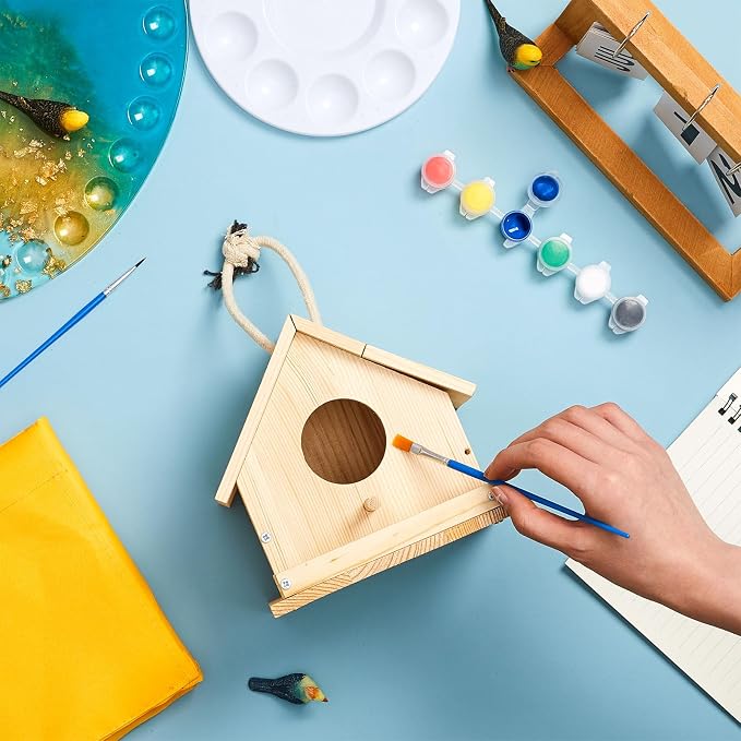 Liliful 1 Sets Wooden DIY Birdhouse Kit, Unfinished Bird Houses with Paints and Paintbrushes, Bird Feeder Craft Arts for Kids Ages 4-8, 8-12, Classroom Activity and Adults Wooden Craft Gifts