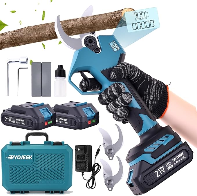 RYOJEGK 21V Brushless Electric Pruning Shears, 1.6-Inch Cutting Cordless Power Pruner with 2x2.0Ah Battery & 3 SK5 Blades, 2.4" Max Opening Garden Shears for Tree Trimming and Fruit Harvesting
