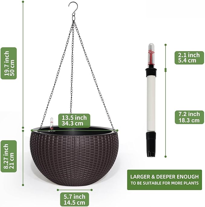 Dexceder 13.5 Inch Self Watering Hanging Planter (Brown) | Thickened Large Hanging Basket Flower Plant Pot with Water Level Indicator Indoor Outdoor