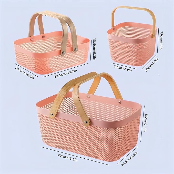 3pcs Collapsible Wooden Handle Plastic Harvest Basket - Rectangular Garden Storage Basket for Picking and Collecting Vegetables, Fruits - Ideal for Garden Cabinets & Outdoor Use (Pink)
