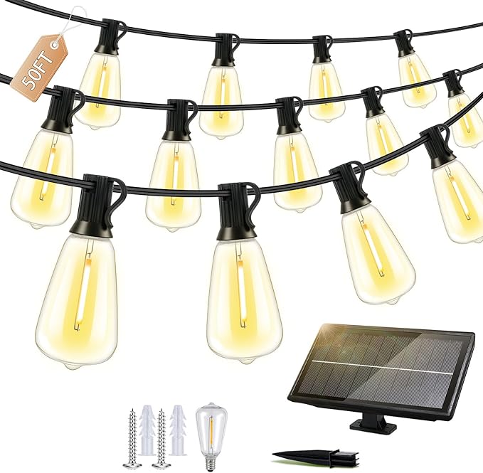 Outdoor Solar String Lights Waterproof: ST38 50ft Shatterproof Patio Lights - Solar Powered & USB Dual Charging - 3 Modes Button Control - Garden Backyard Gazebo Porch Party Decor