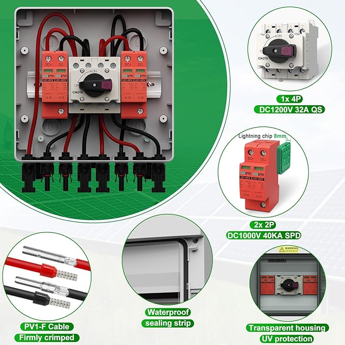 2 Strings Solar Disconnect Switch 32 Amp DC1000V with Lightning Surge Protector Arrester and IP65 Solar PV Combiner Breaker Box 2in 2out for Outdoor Solar Panel System